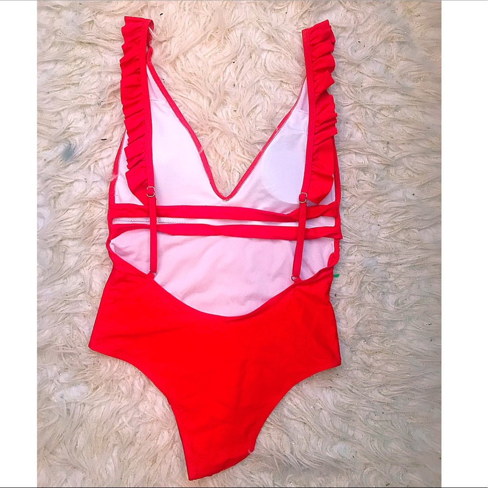 Red One Piece Swimsuit, L -Ruffle Back Detail